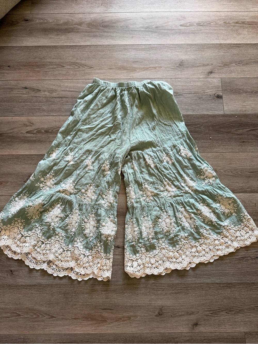 Z Supply Sage Green Elastic Waist Wide-Leg Pants with Lace Trim